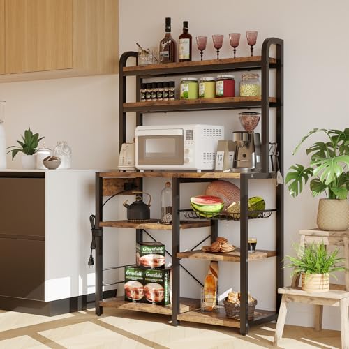 Garvee Estantería de Panadería con Toma Corriente,Muebles de Cocina,Estantes Abiertos y Cesta de Alambre,para Cocina y Comedor, 90 * 40 * 150 cm(Marrón) - imagen 9