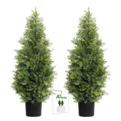 Aveyas 3ft Artificial Cedar Topiary Trees for Outdoor Front Porch Door, 3 Feet Faux Potted Plants Evergreen Fake Pine Cypress Tree for Outside Home Decor (3 ft Tall) - Set of 2 Pack