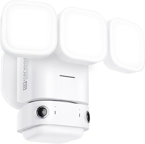 winees Cámara de seguridad con reflector, cámara de seguridad inteligente con cable 2K QHD IP65 para exteriores, visión nocturna a color, FOV de 180