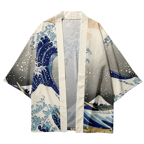 Image of DOSLAVIDA Men's Japanese Kimono Jacket Set Stylish Open Front Coat With Shorts Chinese Style Printed Cardigan Suit