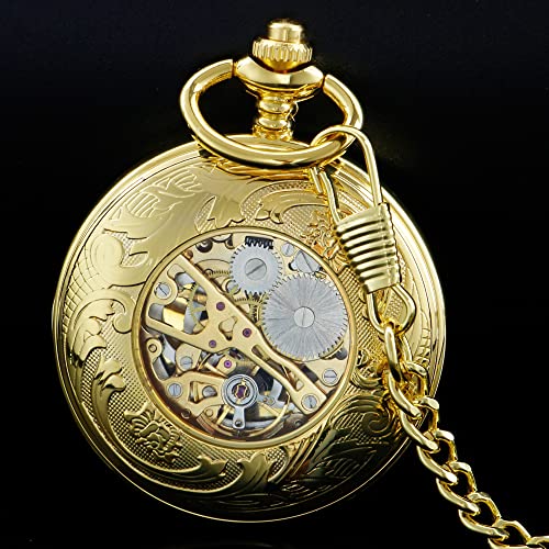 Image of Men's Mechanical Hollow Design Hand Wind Pocket Watch Roman Numerals Steampunk with Chain Box