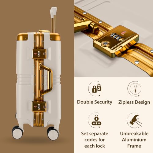 Image of Maleta Gold Series Cabin Trolley Bag | 20 inch |Aluminium Frame, Dual TSA Lock | Trolley Bag for Travel | Suitcase for Travel (White, Cabin-Small)