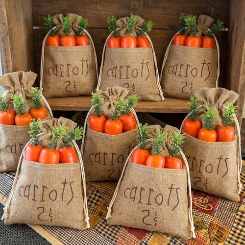SilTriangle 8 Pcs Easter Burlap Bag 11.8 x 7.9 Inches Large Rustic Easter Carrot Treat Bags Vintage Burlap Fabric Basket with Drawstring Candy Gift Bag for Egg Hunt Outdoor Party Favors DIY Craft
