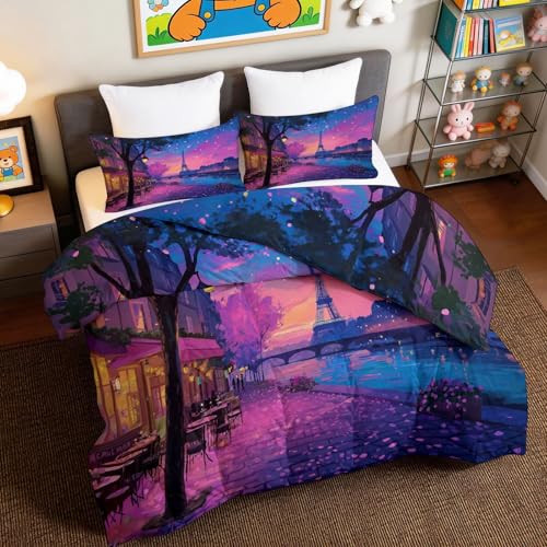 Edredón individual Torre Eiffel morado acolchado con funda de almohada 3
