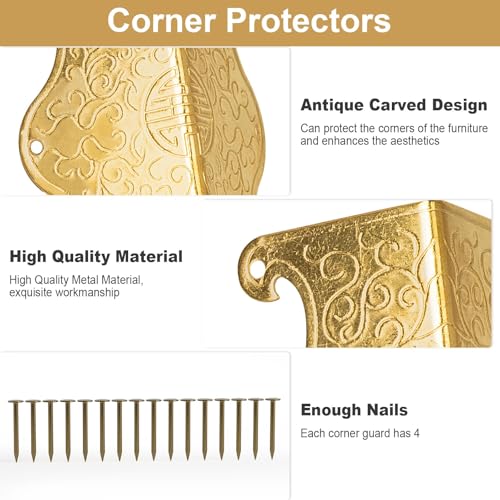 Image of 4 Pcs Baseboard Corner Protectors,Vintage Metal Skirting Board Corner Protectors for File Boxes,Bookshelves,Wooden Cases,Jewel Cases Decorative (Gold)