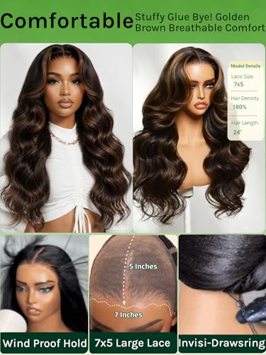Image of KLAIYI Bye Bye Slip Golden Brown Highlight Body Wave Glueless Precut 7x5 Lace Front Wigs Human Hair Drawstring Pre Plucked Bleached Knots Ombre 3S Ready to Wear and Go Wig with Dark Roots 180% 18Inch