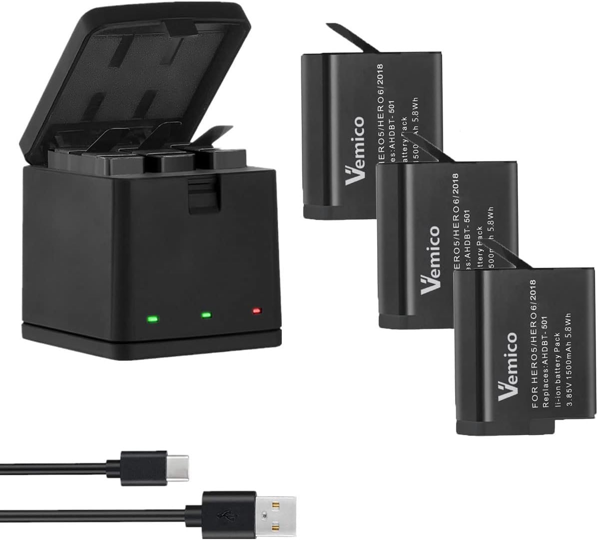 Vemico Hero 7/6/5 Batterie Chargeur Kit 3 Pack 1500mAh Remplacement Batteries Type-C LED Chargeur 3-Canaux pour Hero 7 Black/ 6/5 Black/Hero 2018 (Compatible avec l'original)
