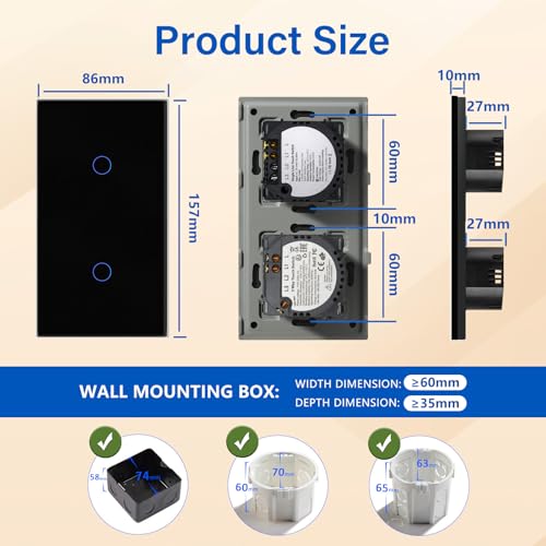 BSEED Touch Lichtschalter 1 Fach 1 Weg mit 1 Fach 2 Wege Glas Lichtschalter Schwarz Led Touch Schalter Touchscreen Kompatibel mit LED Lampe 157mm EU Standard