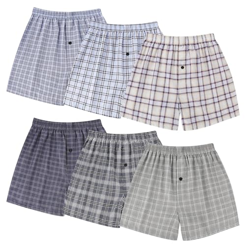 BAMBOO COOL Mens Underwear Woven Boxer Shorts Classic Relaxed Fit Lightweight Plaid Boxers 6 Pack