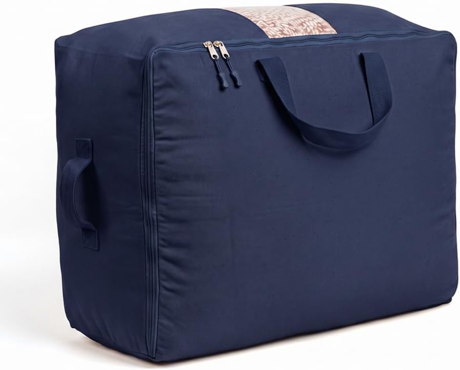 Soft Canvas Storage Bags with Zipper. Thick Breathable, 1pc King/Queen Comforter Organizer. Four Carrying Handles and Window. Large 25x19x9in Bag for Sheets Blankets Bedding Pillows, Clothes (Blue)