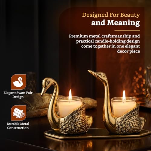 Image of Amazon Brand - Solimo Aluminium Pair of Swans Candle Holder Showpiece | Gold Finish | Feng Shui Home Decor for Living Room, Table & Puja | Good Luck Gift (Candles Not Included)