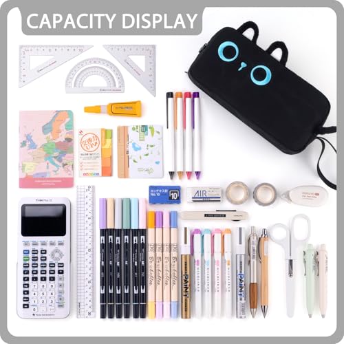 Image of CICIMELON Cartoon Pencil Case, Large Capacity Pen Pouch with Embroidered Animal Design, School Supplies Bag for Kids, Teens, Students (Black Cat)