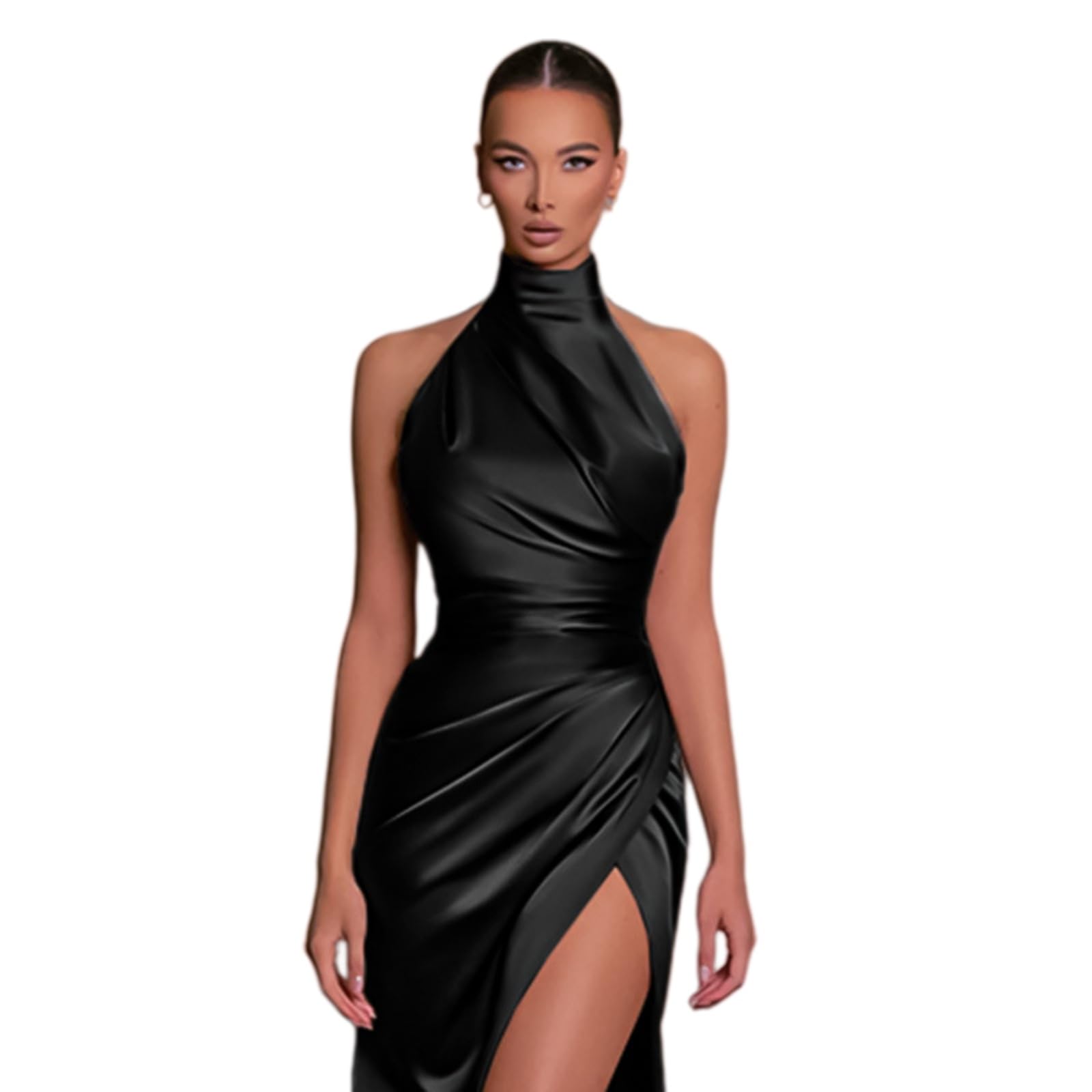 Vestito Elegante Donna Raso Maxi Abito Halter Collo Schienale Laterale Fessura da Sera per Cocktail Party-Champagne-XL