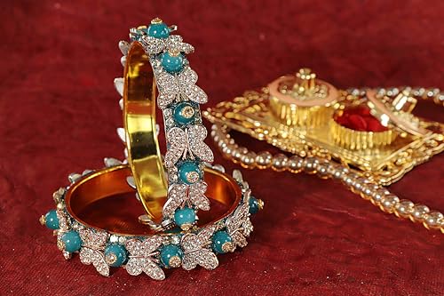 Image of LAVAZZA Stylish Butterfly Design Golden Metal with Zircon Diamond & Pearls Moti Bangles Kada For Women & Girls | Traditional Girl's Bangles Bracelet | Women's Kangan Wedding, Party-Set of 2