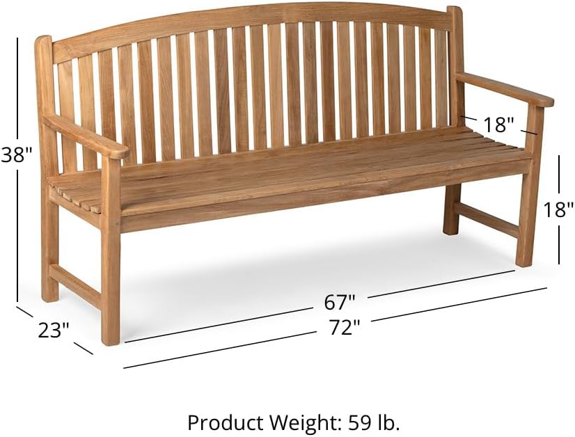 Ash & Ember Solstice 6 FT Grade A Teak Outdoor Bench, Weather Resistant Outdoor Furniture, Outdoor Patio Furniture with Bow Back Design & Contoured for Comfort, Porch Bench Seats 3 People