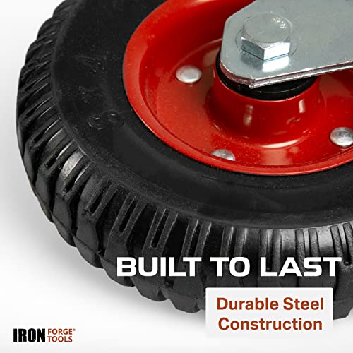 Iron Forge Tools Heavy Duty Swivel Knobby Caster, 7-7/8" Diameter, Set Of 4 Flat-Free Solid Rubber Knobby Tread Caster Wheels With Swiveling Bases, 8 Inch Two Casters With Brakes And Two Without #TOP2