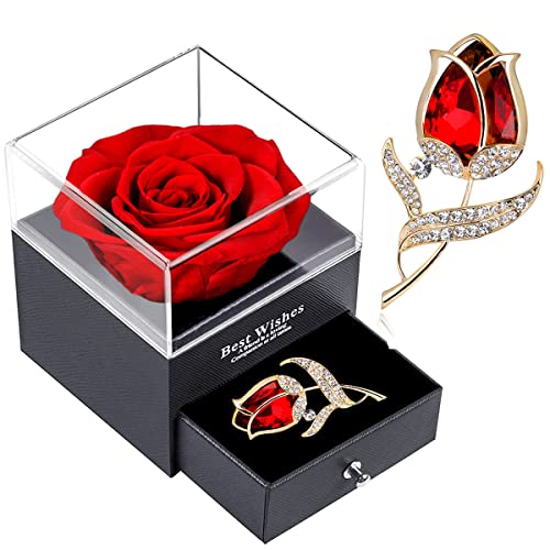 Red Rose Gift Box- SWEETIME Enchanted Real Rose with Ruby Rose Brooch, Eternal Rose Flower in Jewelry Box, Handmade Preserved Rose,Forever Red Rose Gift for her On Mother's Day, Anniversary.