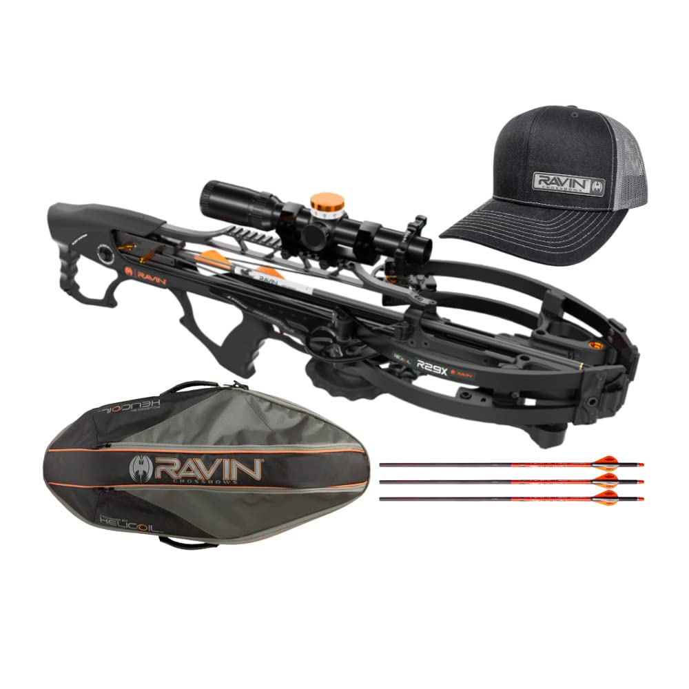 Ravin R29X Sniper Package (Black) with Ravin Crossbows Protective Soft Case for R26 or R29 Crossbows and Ravin Crossbows Classic Kickback Trucker Snapback Hat (Black) (3 Items)