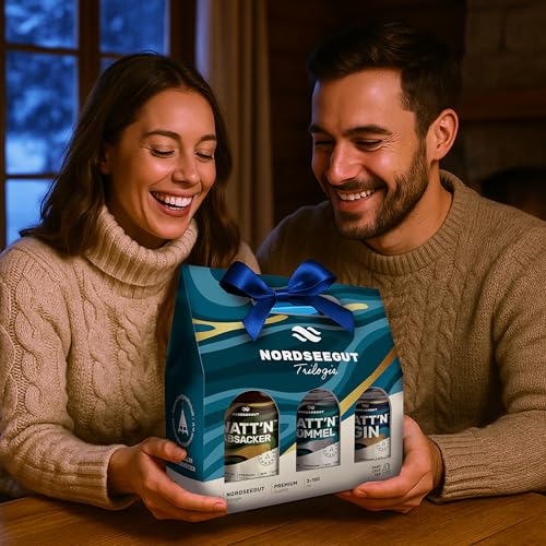 NORDSEEGUT WATT`N Trilogie Geschenkset, 3x100ml Spirituosen Set mit Watt`n Gin, Watt`n Kümmel & Watt`n Absacker - Nordsee Premium Geschenke Box