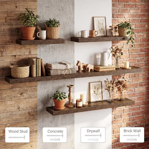 Image of Acovy 16in Long Floating Shelves for Wall Set of 2, Wood Wall Shelves for Bathroom Bedroom Kitchen Living Room Laundry Room, Modern Floating Shelf for Home Decor