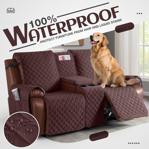 Image of KinCam 100% Waterproof Recliner Loveseat Cover with Console, Non-Slip Reclining Couch Covers for 2 Seat, Recliner Sofa Cover Furniture Protector with Elastic Straps for Kids, Pets, Coffee