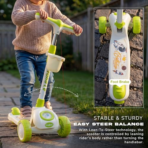 Image of Baybee Astro Baby Kick Scooter for Kids | Foldable 3 Wheel Kid Scooter with 4 Height Adjustable, RGB Lights & Music | Skate Scooters with Foot Brake | Runner Scooters for Kids 2 to 10 Years (Green)