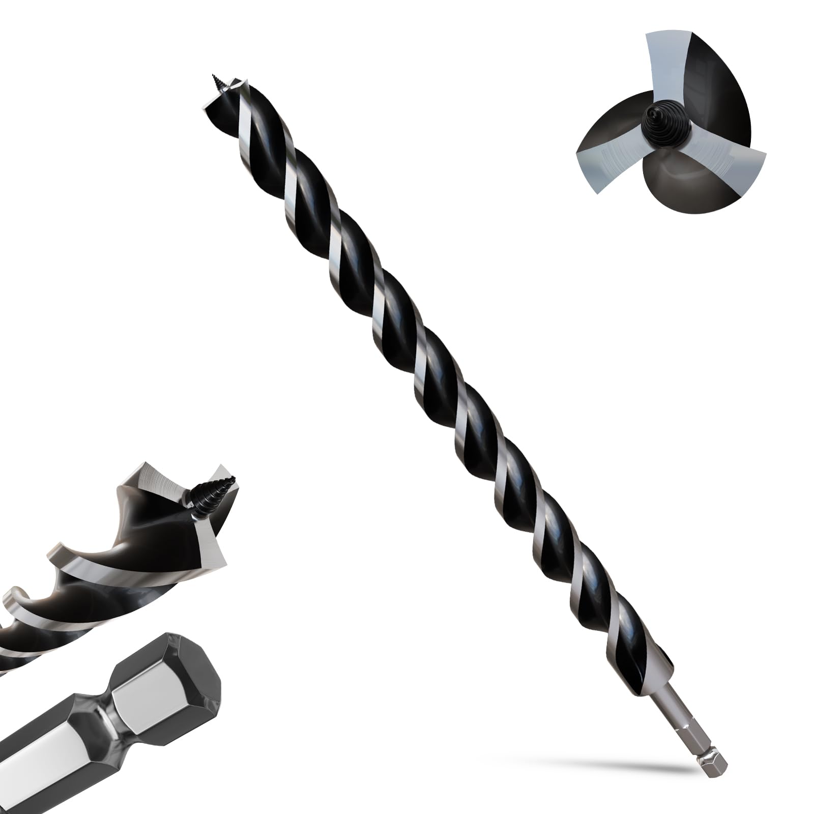METOTY 28mmx460mm Auger Drill Bit Extra Long Drill Bits，12mm Hex Shank for Wood with Quick Change - 3-Cutter Design with Dual-Flute for Fast Chip Removal, Fits Hardwood, Softwood, PVC, Drywall