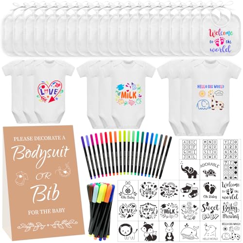 Bibs Bodysuits Baby Shower Game Sign Set Newborn Onesies Feeder Gift Fabric Marker Stencils Kit