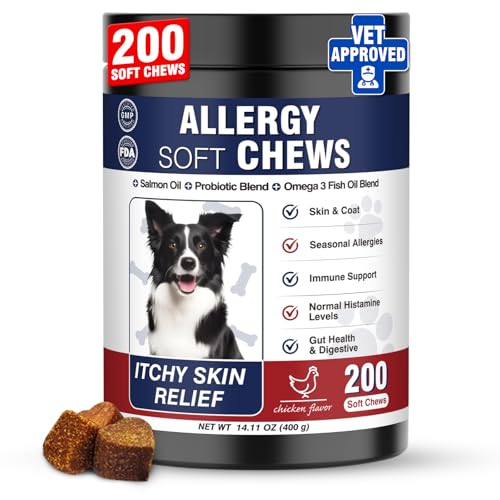 Dog Allergy Chews 200 Treats, Dog Allergy and Itching Skin Relief Bites Immune Support Dogs Probiotics for Yeast, Itchy Skin and Itchy Ears Anti Itch Licking Paws Treatment for Dogs Seasonal Allergies