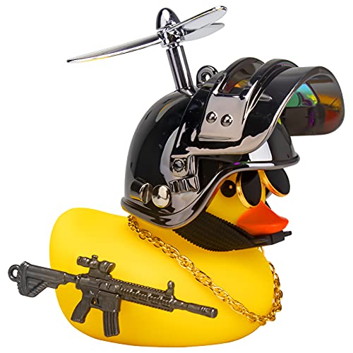 wonuu Rubber Yellow Duck Toy Car Ornaments Cool Duck Car Dashboard Decorations with Propeller Helmet Sunglasses (Brilliant Black-Yellow G)