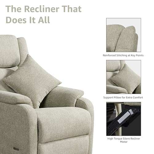 Image of DrapeLux 1 Seater Motorized Recliner Chair - Light Green Fabric, Padded & Comfortable, Extra Back Support, Eucalyptus Wood Frame, Semi Knockdown, 5-Year Warranty