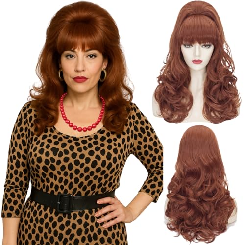 Wiggy Mermaid Brown Beehive Wigs for Women Auburn Vintage Bouffant Wig Long Copper Curly Victorian Fembot Wig 50s 60s 70s for Women for Halloween Costume Party + Cap