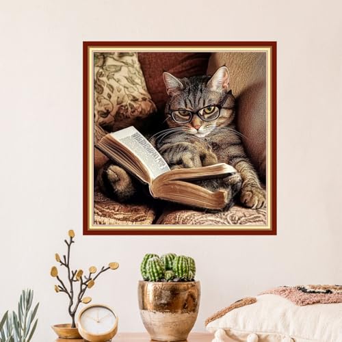 Image of Artvxeay Stamped Cross Stitch Kits - Embroidery Kits for Beginners Cross Stitch Kits for Adults 11 CT Printed Patterns Needlepoint Kits-Cat Reading 18x18 inch