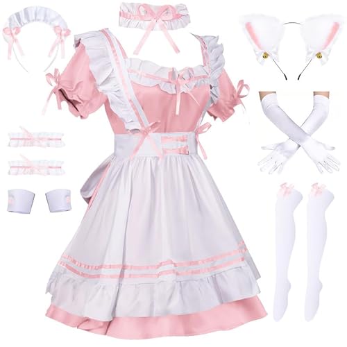 Bild: Anime French Maid Dress Damen Maid Outfit Lolita Kost�m Niedliche Cosplay Kleid Dienstm�dchen Kost�m mit Sch�rze, Kopfb�nder, Handschuhe, Str�mpfe f�r Faschingskost�m Halloween Karneval Rosa 2XL f�r 38,99 EUR (-7%) statt 41,99 EUR bei amazon.de
