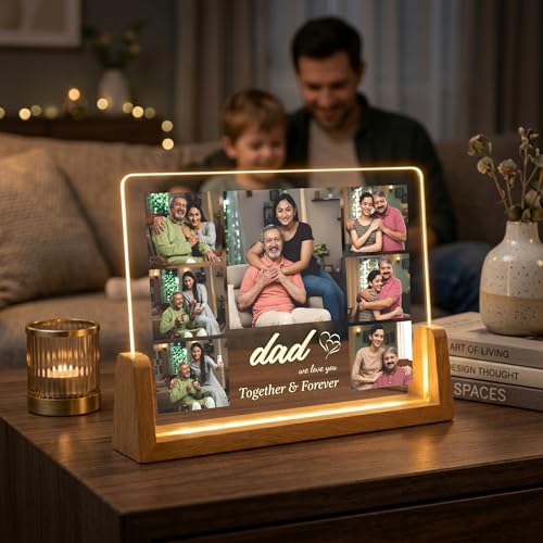 Image of Giftplease Customized Acrylic Photo Frame with LED Light Base | Personalized 7-Photo Collage | Custom Text Night Light | Ideal Birthday, Anniversary, Father, Parents, Family