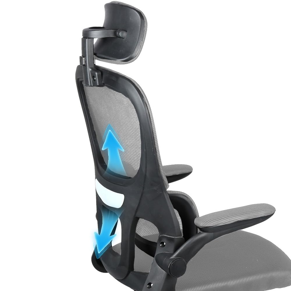 Bürostuhl Ergonomisch Schreibtischstuhl mit Klappbaren Armlehnen, Mesh Drehstuhl mit Dynamischer Lordosenstütze & 115° Wippfunktion, Verstellbare Kopfstütze für Home Office,Grau