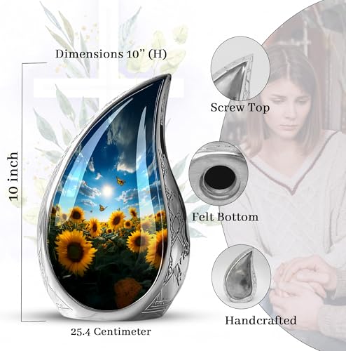 Image of Teardrop Butterfly with Sunflower Urn for Human Ashes - Funeral Urns for Human Ashes Adult - Large Sunflower Urns for Adult Man and Women - Cremation Decorative Urn for Mom and Dad 10inch