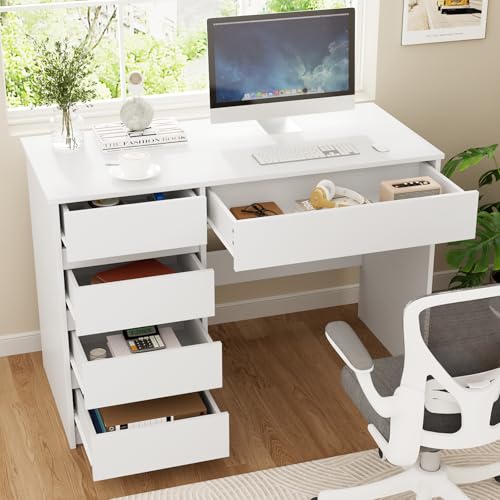 VOWNER Computer Desk with 5 Drawers Home Office Desk with Storage Modern Simple Laptop Desk for Working Study 110 x 50 x 75 cm (White)