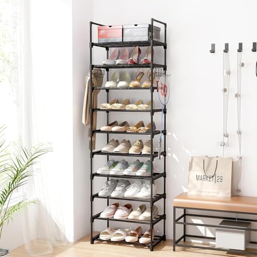 Puoi rimuovere uno o più ripiani per adattare la scarpiera a scarpe alte, tacchi o stivali senza problemi. Materiali resistenti e design elegante: Realizzata in plastica PP di alta qualità e tubi metallici robusti, la scarpiera è resistente all’umidità, stabile e durevole nel tempo.