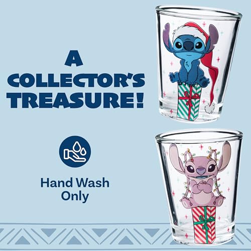 Image of Silver Buffalo Lilo and Stitch Xmas Stitch and Friends Palm Gift Set 4pc. 1.5oz. Mini Glass Set 2x2