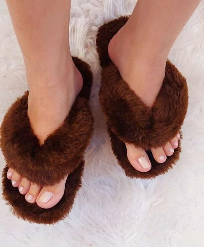 Image of Wolvesden Flip-Flops & Slippers Indoor Non-Slip Soft Thong Fur Flip-Flop And Slippers For Women