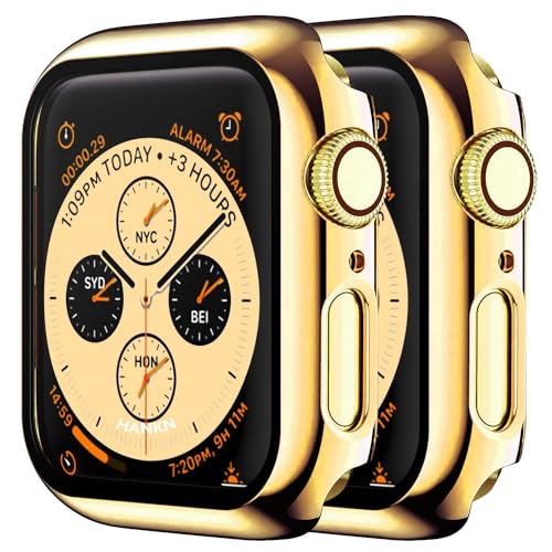 HANKN 2 Pack Hard Case Compatible with Apple Watch Series 6 5 4 Se 40mm Tempered Glass Screen Protector Case, Full Coverage Plated PC Shell Ultra-thin Shockproof Iwatch Bumper Cover, 40mm, Gold x 2
