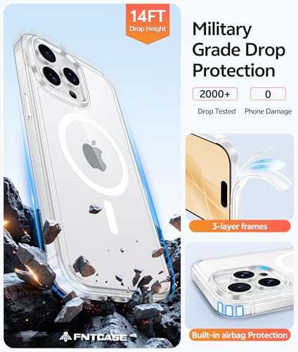 Image of FNTCASE for iPhone 15 Pro Case: [Compatible with Magsafe] [Screen Protector] Anti Yellowing Transparent Clear Magnetic Phone Cover - Military Grade Shockproof Drop Proof Protective Cases - Clear