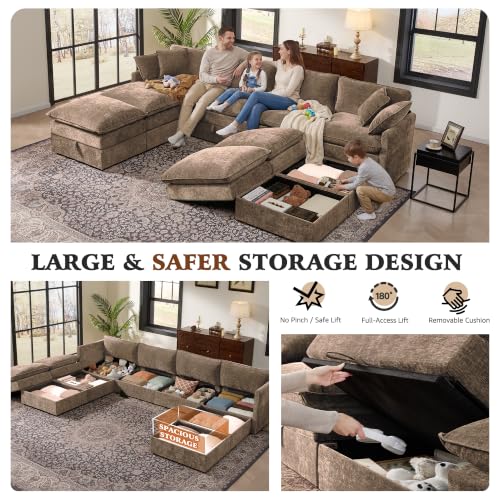 Image of Ihanherry 135 inch Oversized Sectional Sofa Bed with Storage, 8-Seater Modular Cloud Couch with Movable Ottomans, Chenille Deep Seat Sleeper Couches for Living Room (Brown)