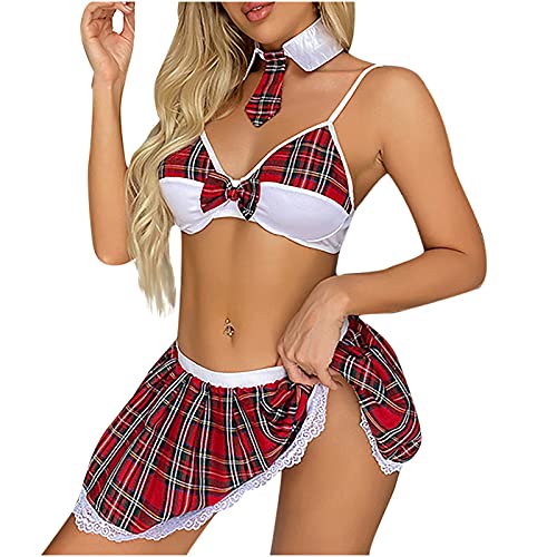 See Through Lingerie Strap V-Neck Christmas Girl Cosplay Underwear Bodysuit Student Uniform Lattice Bra Tie Mini Skirt Set White