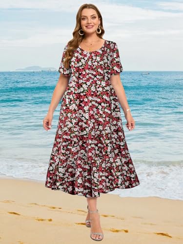 Image of LARACE Plus Size Dresses for Women Summer Casual Short Sleeve Long Dress Flowy Maxi Beach Dresses with Pockets L-6XL(A-Red51 5X)