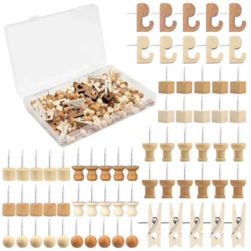 200 Stück Pinnadeln Holz, Reisszwecken mit Kunststoffbox, 7 Verschiedene Arten Von Pinnwandnadeln, Pin Nadeln für Pinnwand und Korktafeln, für Landkarte, Fotos, Handwerk zu Befestigen