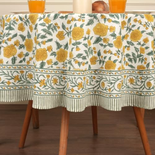 Image of Encasa XO Dining Table Cloth, Jaipuri Block Print Cotton Cover Yellow