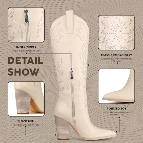 Image of VOMIRA Knee High Cowboy Boots for Women Pointed Toe Chunky High Heels Pull-on Embroidered Boots Western Boots Wide Calf Cowgirl Boots