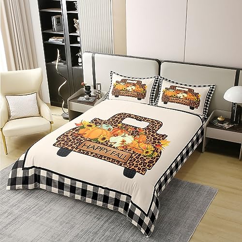 100% Cotton Plaid Pumpkin Leopard Truck Bedding Set Single, Fall Thanksgiving Harvest Duvet Cover - Image 3